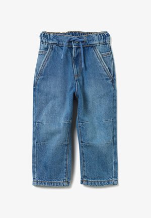 Lichtblauwe spijkerbroek met een elastische tailleband en trekkoord, twee voorzakken en stikseldetails op de benen.