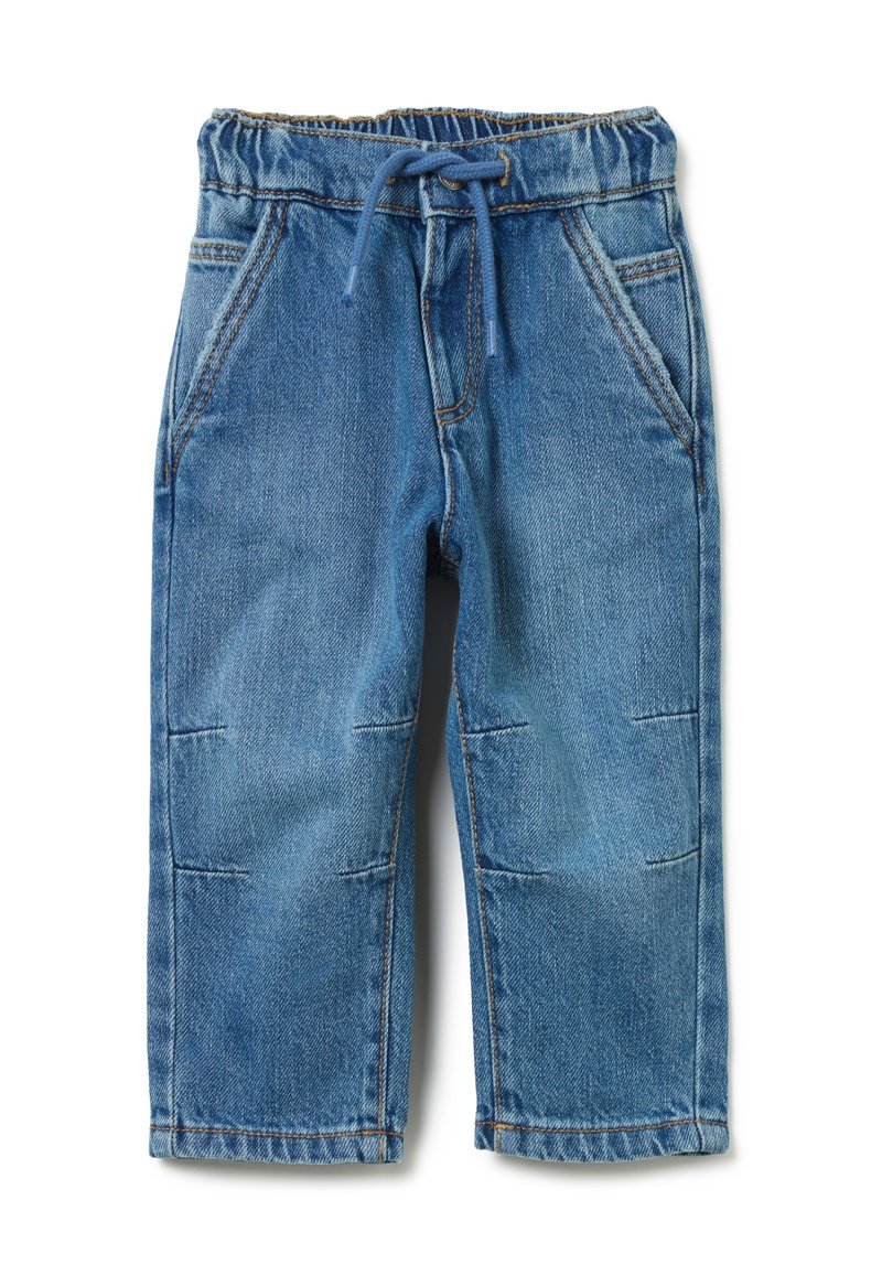 Pantalones de mezclilla en azul claro, con cintura elástica y cordón ajustable, dos bolsillos frontales y detalle de costura en las piernas.