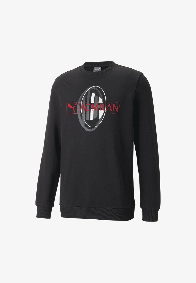 Sweat-shirt noir à manches longues Puma avec logo AC Milan et texte rouge sur un emblème ovale rayé noir et blanc sur la poitrine.