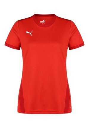 Rotes Sportshirt aus synthetischem Stoff. Verfügt über kurze Ärmel, einen runden Halsausschnitt und weiße Logopatches auf der Brust und den Schultern.
