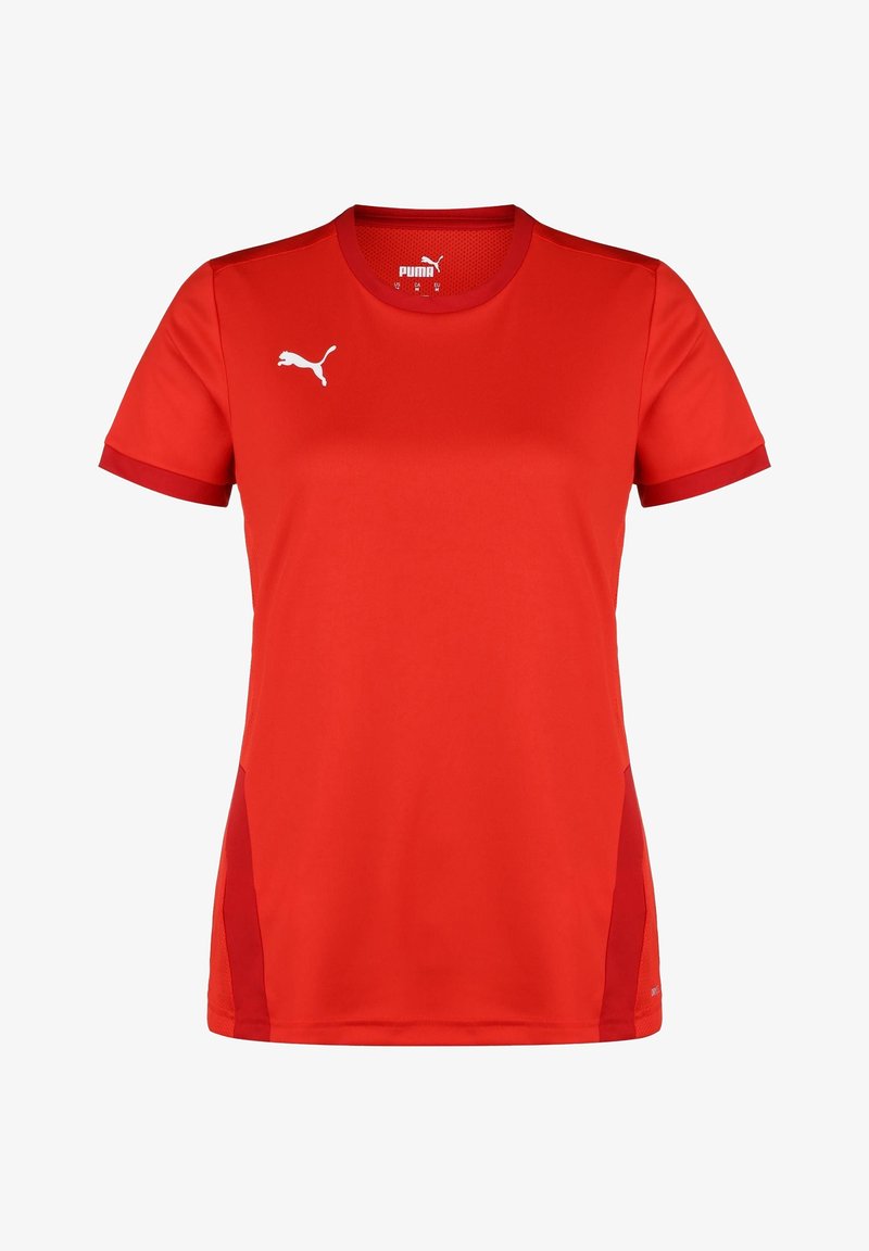 Red sports shirt made of synthetic fabric. Features short sleeves, a round neckline, and white logo accents on the chest and shoulders.