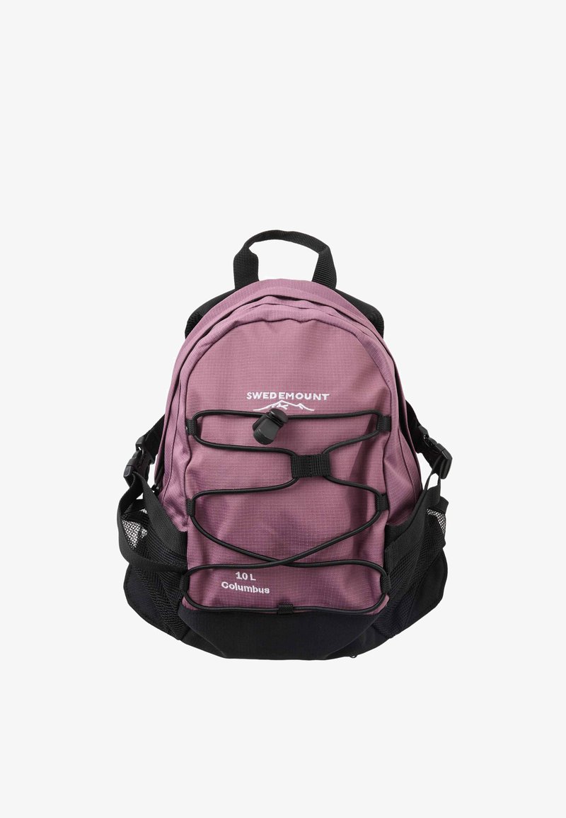 Sac à dos Swedemount Columbus 10L violet et noir avec cordons élastiques à l'avant, poches latérales en maille, et poignée de transport supérieure sur fond blanc.