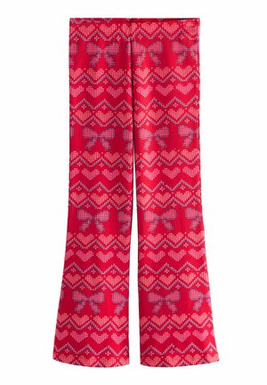 Røde flagrende bukser med et tekstureret print med zigzag- og sløjfemønstre i pink og blå. Glat stof med et levende design.