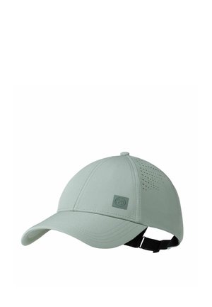 Hellgraue Baseballkappe mit Belüftungslöchern an den Seitenpaneelen und verstellbarem schwarzen Riemen hinten.