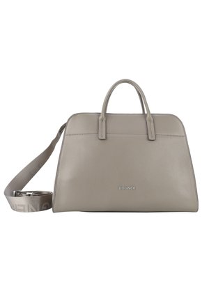 Sac à main en cuir gris avec un design structuré, doubles poignées et une bandoulière amovible, arborant un logo argenté à l'avant.