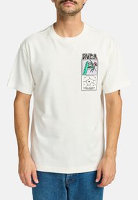 White cotton t-shirt featuring a graphic print on the left chest with cacti and a geometric design. Short sleeves and a crew neckline.