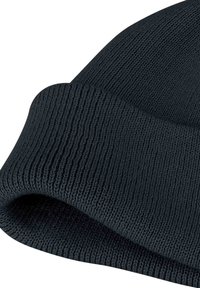 Zwarte gebreide beanie met een omgeslagen rand, met ribbelstructuur en een strakke pasvorm. Ideaal voor warmte in koelere weersomstandigheden.