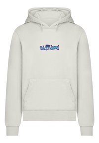 Light gray hoodie with a front pocket, featuring multicolored graffiti-style text "24 Studios" on the chest and ribbed cuffs and hem.