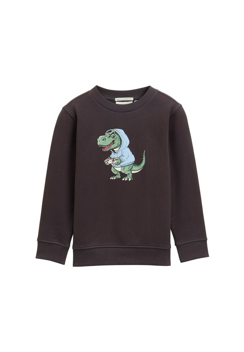 Felpa nera con un dinosauro dei cartoni animati che indossa un cappuccio blu, mentre tiene un controller di gioco. Tessuto morbido con polsini e orlo ribattuti.