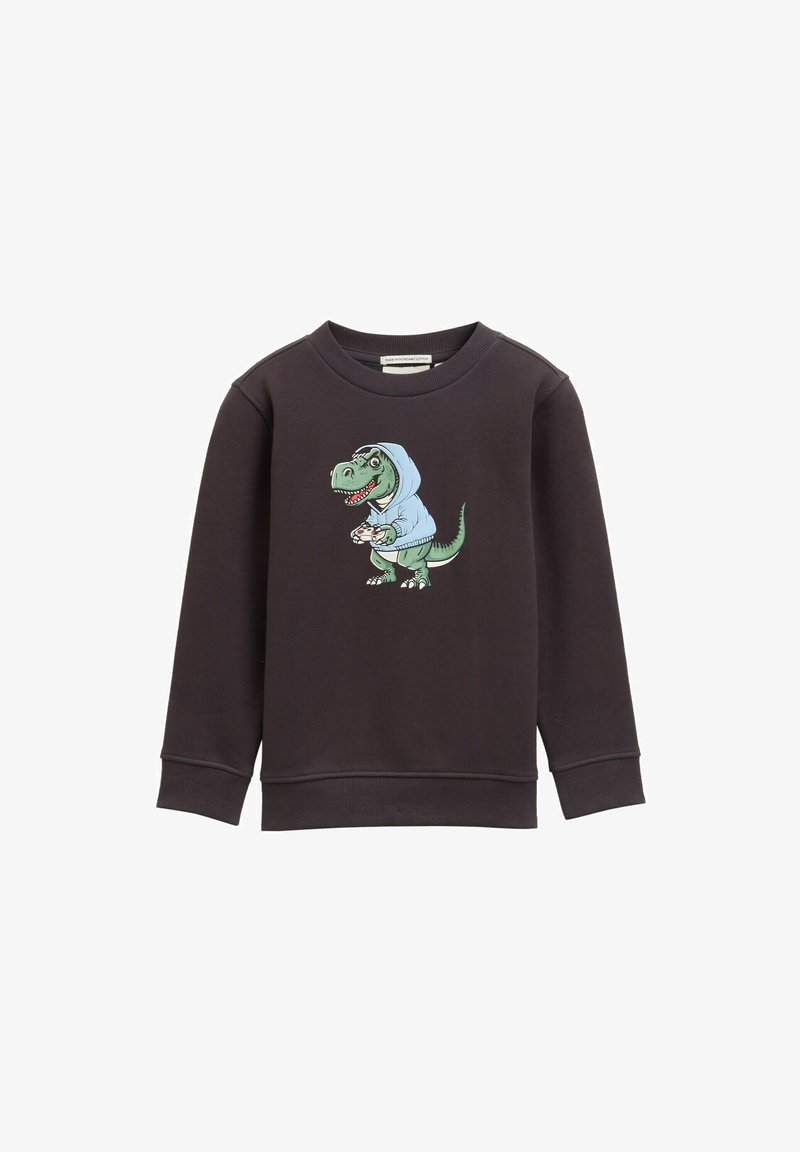 Felpa nera con un dinosauro dei cartoni animati che indossa un cappuccio blu, mentre tiene un controller di gioco. Tessuto morbido con polsini e orlo ribattuti.