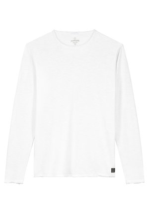 White long-sleeve T-shirt with a crew neckline, soft texture, and raw hem. Features a small logo tag at the lower side.