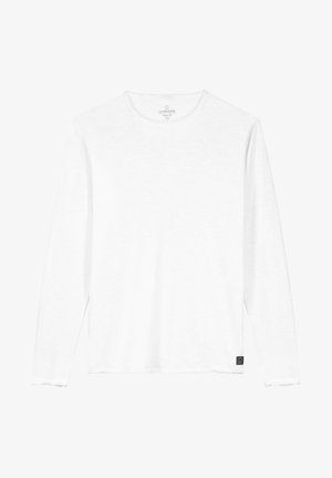 White long-sleeve T-shirt with a crew neckline, soft texture, and raw hem. Features a small logo tag at the lower side.