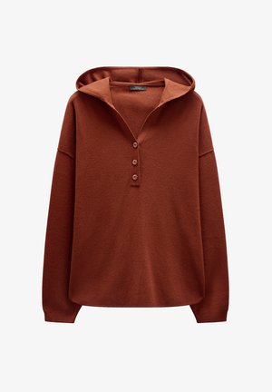 Brązowy kaptur z miękką fakturą, z dekoltem w kształcie litery V i trzema guzikami. Luźny krój z prążkowanymi mankietami i dołem.