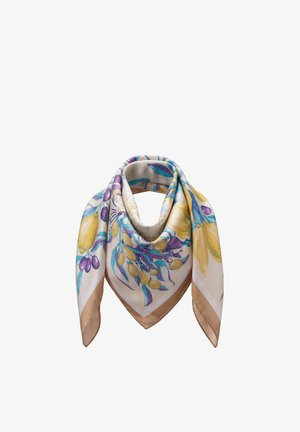 Silkkihuivi, jossa on beige reunus ja värikkäitä sitruuna-, oliivi- ja lehtikuvioita keltaisena, violetina ja sinisenä, taiteltu kolmion muotoon.
