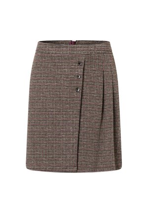 Jupe à carreaux marron avec une taille haute, comportant trois accents de boutons et des plis sur un côté, fabriquée à partir d'un tissu texturé.