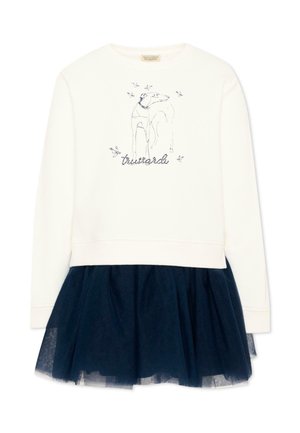Abito bianco a maniche lunghe con gonna in tulle blu navy, caratterizzato da un disegno a linea di un cane e piccoli uccelli sul petto con testo in corsivo sotto.