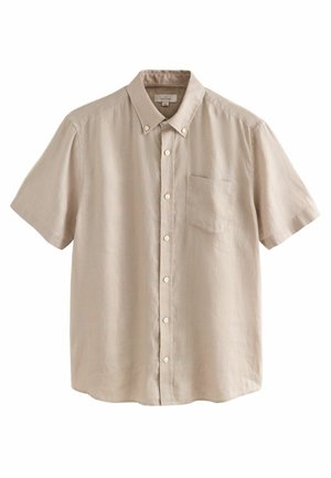 Koszula na krótkie rękawy z guzikami, wykonana z jasnobeżowej tkaniny o delikatnej fakturze, z kieszonką na piersi i klasycznym kołnierzem.