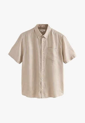 Rövid ujjú, gombos ing világos bézs színű, enyhén texturált anyagból, mellzsebbel és klasszikus gallérral.