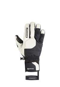 Wasserabweisende Handschuhe mit einem schwarz-weißen Design, hergestellt aus GORE-TEX. Bemerkenswerte Merkmale sind die strukturierte Handfläche und der verstellbare Handgelenkriemen.