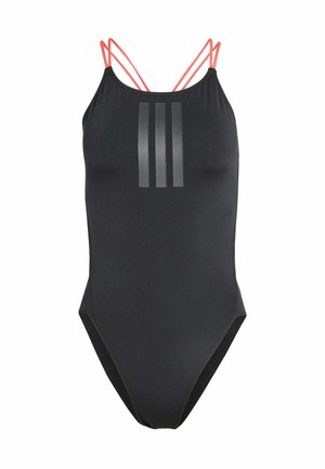 Black one-piece swimsuit with three vertical reflective stripes on front and thin orange double shoulder straps.