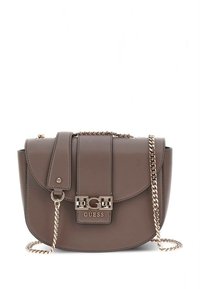 Brown faux leather handbag with a flap closure, silver chain strap, decorative logo hardware, and stitched detailing on the front.