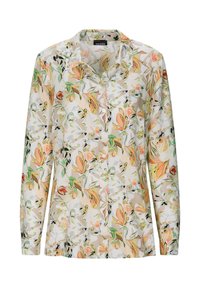 Overhemd met lange mouwen en knopen, met een kraag, voorzien van een zacht bloemenpatroon in pastelkleuren oranje, groen en beige op een witte achtergrond.