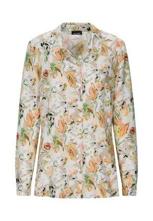 Camicia a maniche lunghe con bottoni e colletto, caratterizzata da un morbido motivo floreale in tonalità pastello di arancione, verde e beige su sfondo bianco.