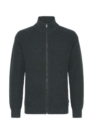 Mörkgrå ribbad stickad tröja med hög krage och hel dragkedja. Har långa ärmar och textilstruktur.