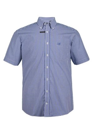Kratké rukávy košilový shirt v modro-bílé kostkované struktury, s límečkem, kapsou na prsou a bílými knoflíky.
