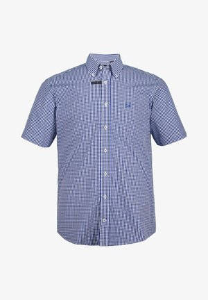 Lyhythihainen nappipaita sinivalkoisessa ruudullisessa kuosissa, jossa on kaulus, rintatasku ja valkoiset napit.