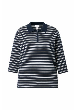 Granatowo-biała koszulka polo w paski z zamkiem do ćwiartki, krótkimi rękawami i gładkim kołnierzykiem. Miękki materiał o luźnym kroju.