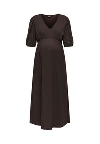 Σκούρο καφέ φόρεμα εγκυμοσύνης με V-λαιμόκοψη, φουσκωτά κοντά μανίκια και ζωνάρι στη μέση, που εκτείνεται σε μακριά, αέρινη φούστα.