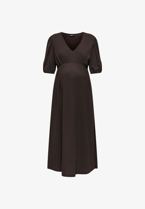 Σκούρο καφέ φόρεμα εγκυμοσύνης με V-λαιμόκοψη, φουσκωτά κοντά μανίκια και ζωνάρι στη μέση, που εκτείνεται σε μακριά, αέρινη φούστα.