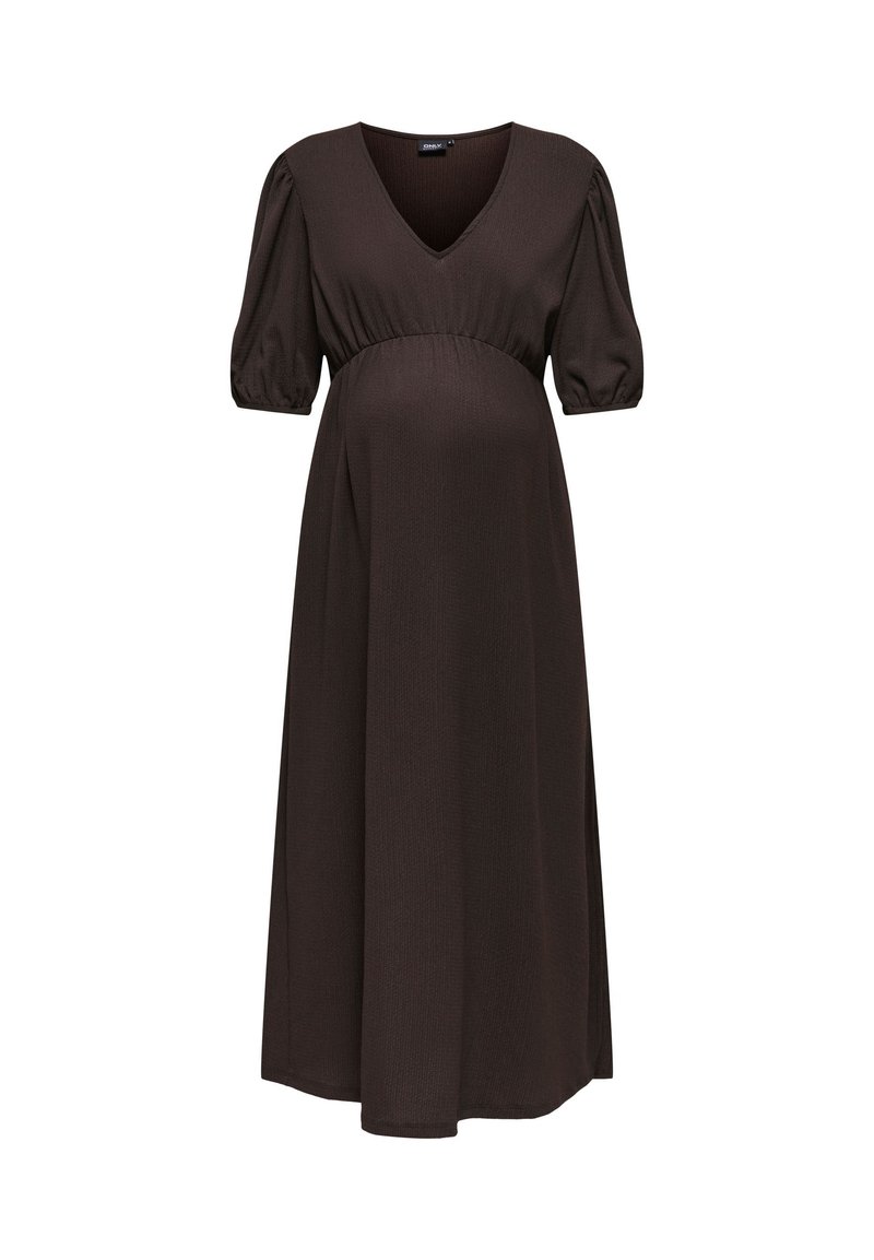 Σκούρο καφέ φόρεμα εγκυμοσύνης με V-λαιμόκοψη, φουσκωτά κοντά μανίκια και ζωνάρι στη μέση, που εκτείνεται σε μακριά, αέρινη φούστα.