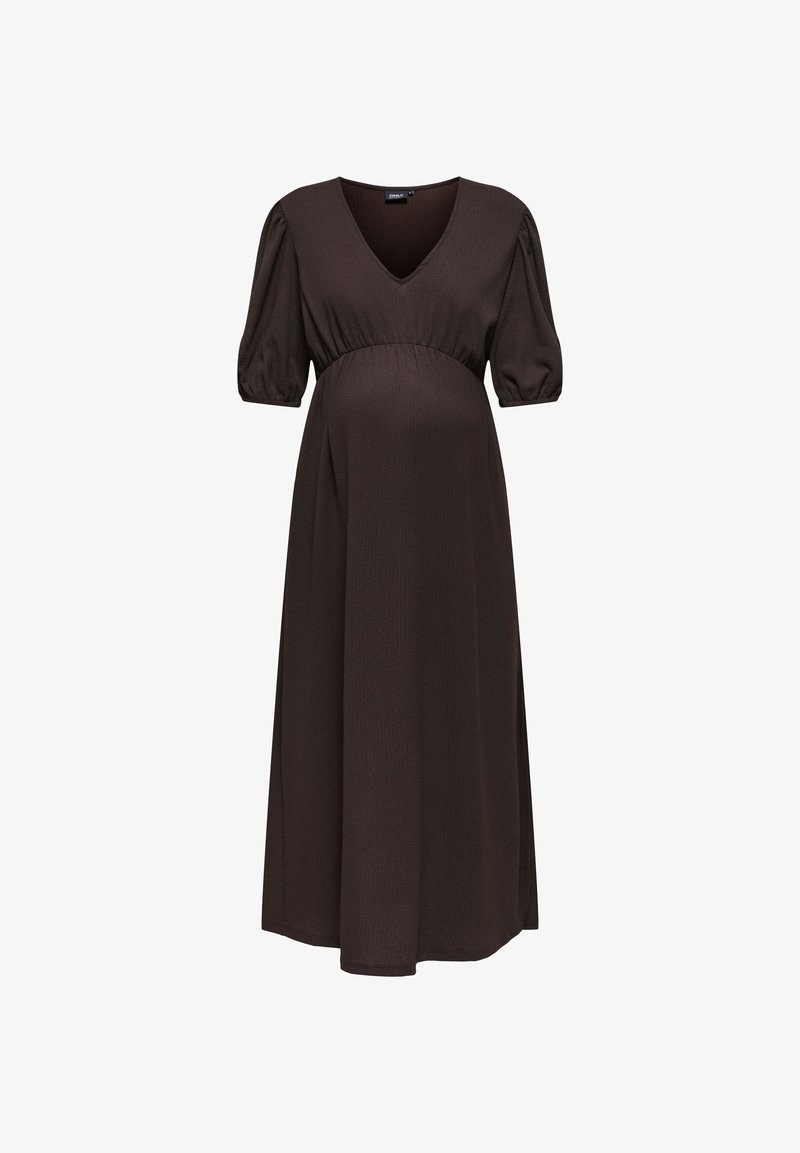 Ciemnobrązowa sukienka ciążowa z dekoltem w serek, krótkimi bufiastymi rękawami oraz marszczoną talią, opadająca do długiej, zwiewnej spódnicy.