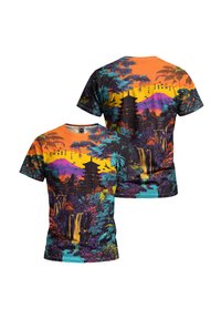 Short-sleeve T-shirt made of soft fabric, featuring a vibrant landscape design with mountains, waterfalls, and a pagoda in bold colors.