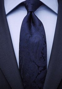 Marinblå paisleymönstrad slips gjord av texturerad tyg, med intrikata mönster, bärs med en ljusblå skjorta och mörk kostymjacka.