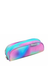 Pencilcase in Pink- und Blauverlauf mit glatter Textur, ausgestattet mit einem türkisfarbenen Reißverschluss und einem kleinen Logo an der Seite.