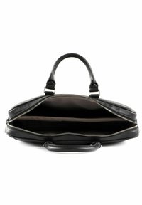 Black leather bag with a zip closure, dual top handles, and a spacious interior with a beige lining and multiple compartments.