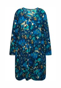 Monivärinen tunikamekko sinisen sävyissä, jossa on pyöreä kaula-aukko, pitkät hihat ja abstrakti kuosi, joka luo valuvaa siluettia.