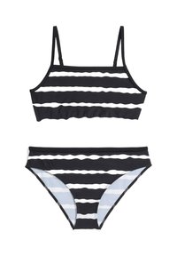Costume da bagno a strisce bianche e nere composto da un top corto con spalline sottili e un fondo coordinato, realizzato in un morbido tessuto elastico.
