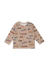 Beige Langarmshirt mit einem Zugmuster in Blau, Rot und Orange, runder Ausschnitt und aus weichem Baumwollstoff.