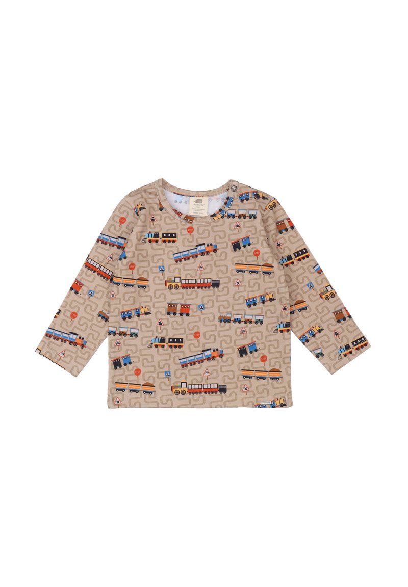 Beige Langarmshirt mit einem Zugmuster in Blau, Rot und Orange, runder Ausschnitt und aus weichem Baumwollstoff.