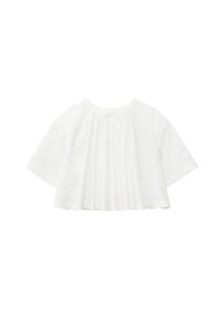 Crop top blanc à manches courtes, ample, avec un col rond et des plis froncés à l'avant, présenté sur fond blanc.