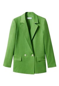 Blazer verde in lino con rever a falde, design doppiopetto, due tasche anteriori e bottoni chiari. Textura liscia con una forma strutturata.