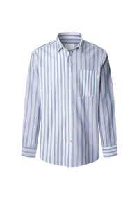 Camisa de manga larga a rayas en azul y blanco con finas rayas rojas, cuello con botones, un bolsillo en el pecho y tejido de algodón ligero.