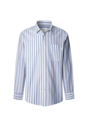 Camisa de manga larga a rayas en azul y blanco con finas rayas rojas, cuello con botones, un bolsillo en el pecho y tejido de algodón ligero.