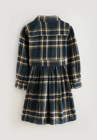 Rutigt klänning i marinblått, med gula och röda linjer, långa ärmar, krage, knäppta manschetter och en pliserad kjol. Mjuk tygtextur.