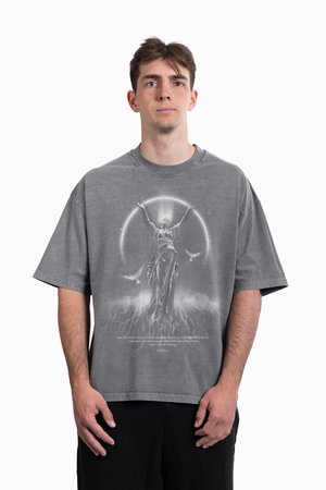 Grå oversized t-shirt lavet af bomuld, med grafisk print af en statue og tekst på fronten, med en afslappet pasform og korte ærmer.