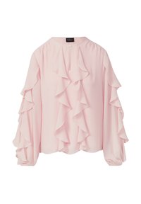 Gaiši rozā blūze ar rufu akcentiem priekšā un uz piedurknēm, ar apaļu kakla izgriezumu un savilktām piedurknēm. Strukturēta auduma.